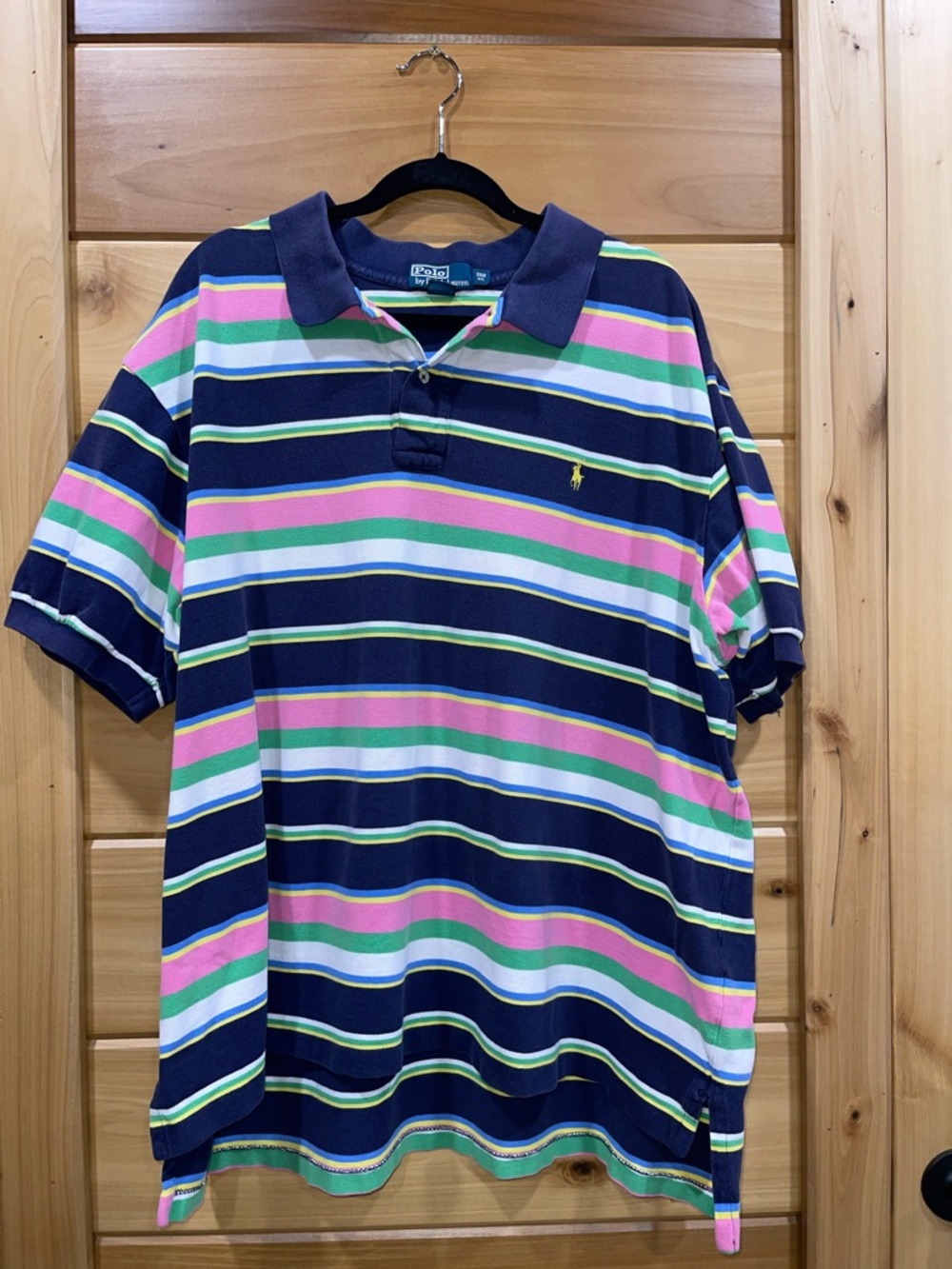 Polo by Ralph Lauren Navy Polo with Pink, Green & White Stripes